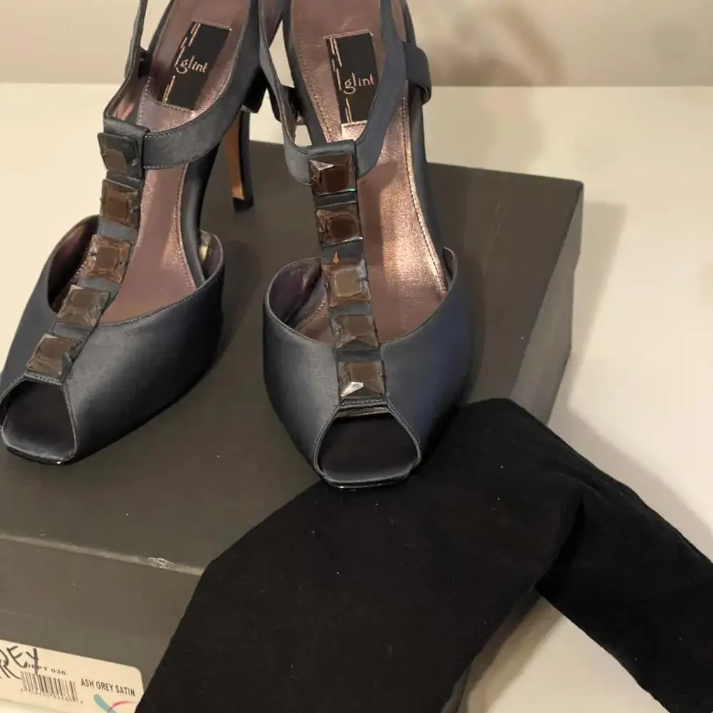 Glint‎ Madora Ash Grey Satin Jeweled T-Strap Peep Toe Heels
